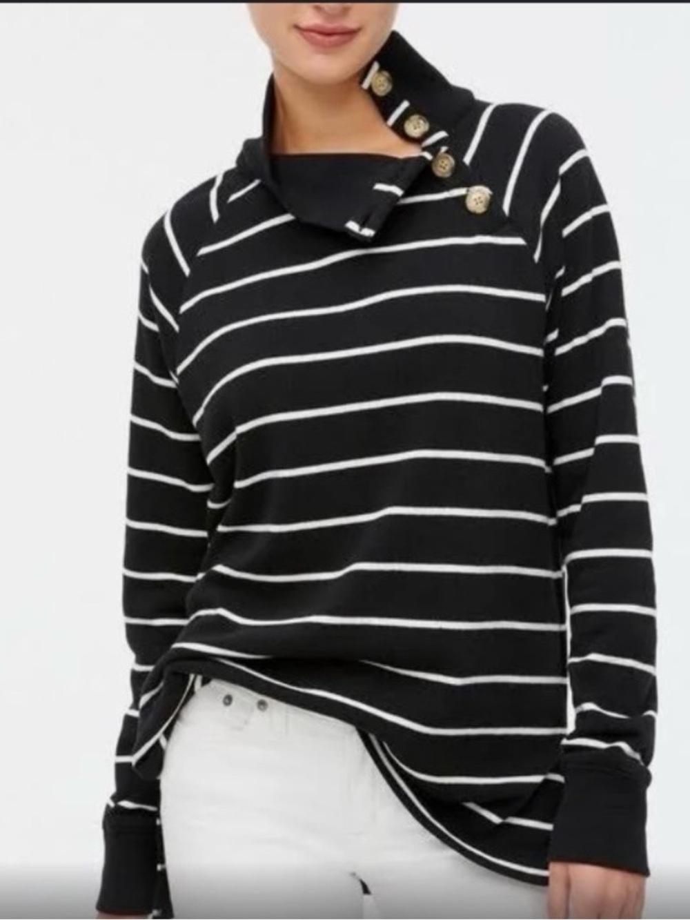 J. Crew Factory Black and White Striped Button-Collar Tunic Fleece Sweatshirt